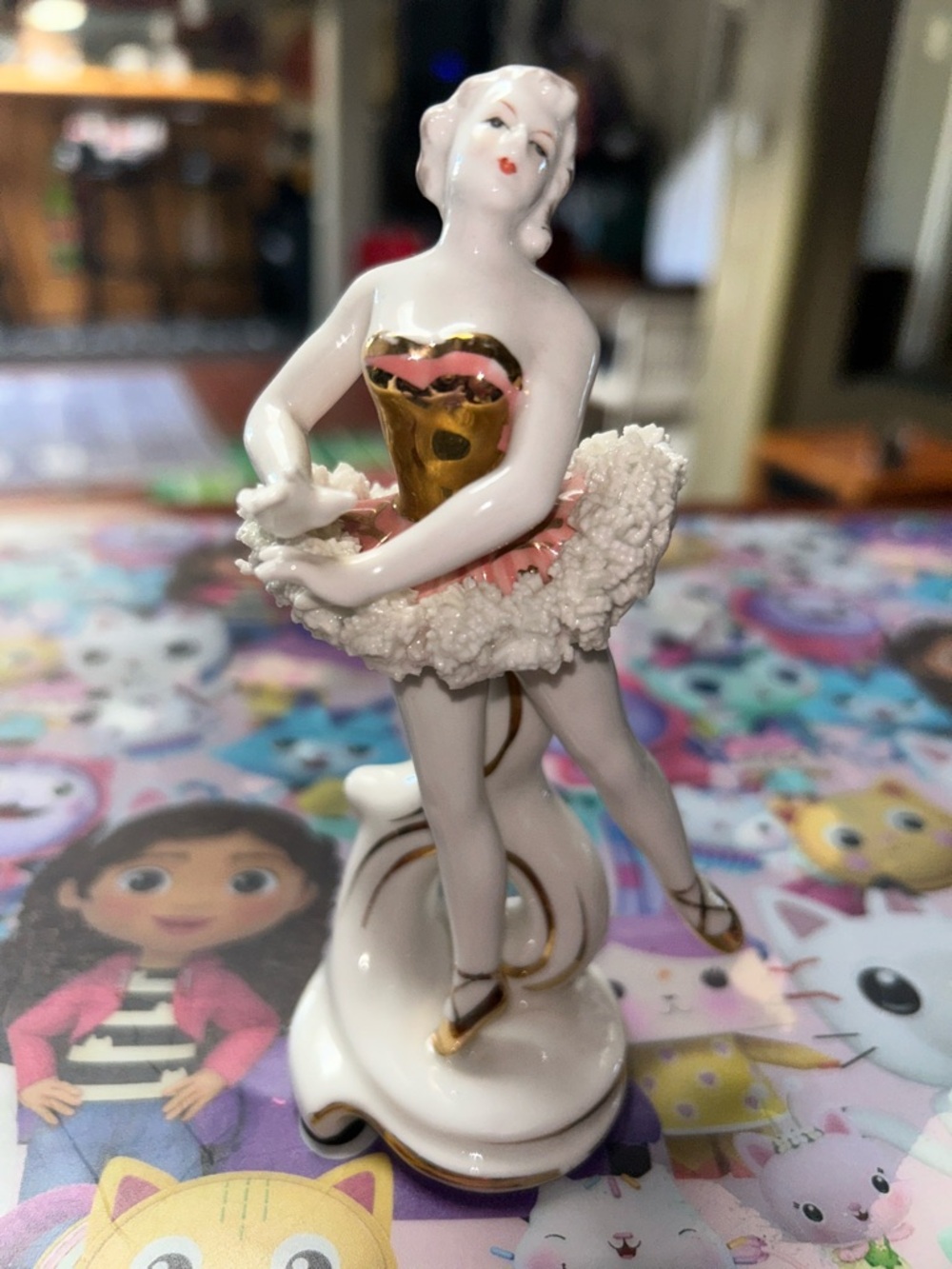 Vintage Porcelain Ballerina Figurine with Pink Tutu & Gold Accents